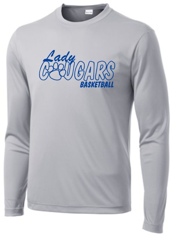 CEC Girls Basketball Lady Cougars Gray moisture wick ST350LS long-sleeved sports shirt with a logo featuring a basketball and paw print in blue on the chest.