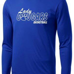 A CEC Girls Basketball Lady Cougars Royal moisture wick ST350LS featuring the text "lady cougars basketball" with a graphic of a basketball integrated in the design.