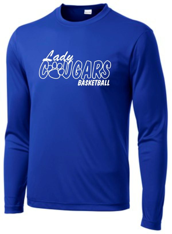 A CEC Girls Basketball Lady Cougars Royal moisture wick ST350LS featuring the text "lady cougars basketball" with a graphic of a basketball integrated in the design.