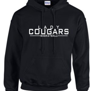 CEC Girls Basketball Letters Black Hooded sweatshirt G185 with "lady cougars basketball" printed in white text on the front.