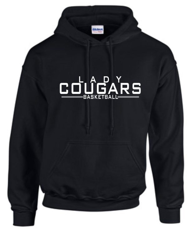 CEC Girls Basketball Letters Black Hooded sweatshirt G185 with "lady cougars basketball" printed in white text on the front.