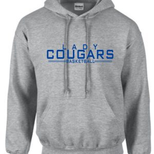 CEC Girls Basketball Letters Gray Hooded sweatshirt G185 with "lady cougars basketball" text in blue on the front.