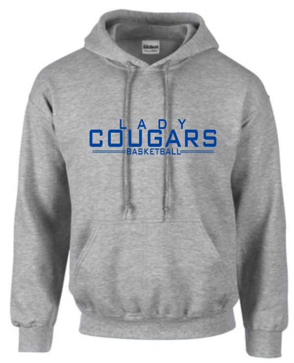 CEC Girls Basketball Letters Gray Hooded sweatshirt G185 with "lady cougars basketball" text in blue on the front.