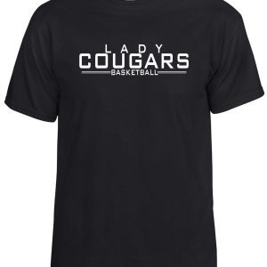 CEC Girls Basketball letters Black G8000 t-shirt with "lady cougars basketball" printed in white text on the front.