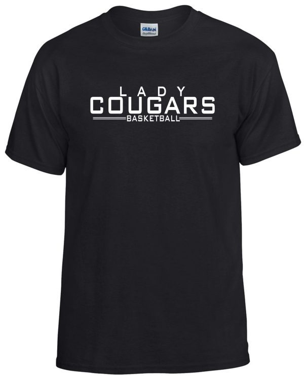 CEC Girls Basketball letters Black G8000 t-shirt with "lady cougars basketball" printed in white text on the front.