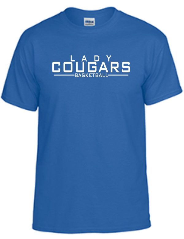 CEC Girls Basketball letters Royal G8000 t-shirt with "lady cougars basketball" text in white.