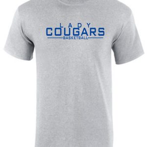 CEC Girls Basketball letters Sport Gray G8000 t-shirt with "lady cougars basketball" printed in blue across the chest.