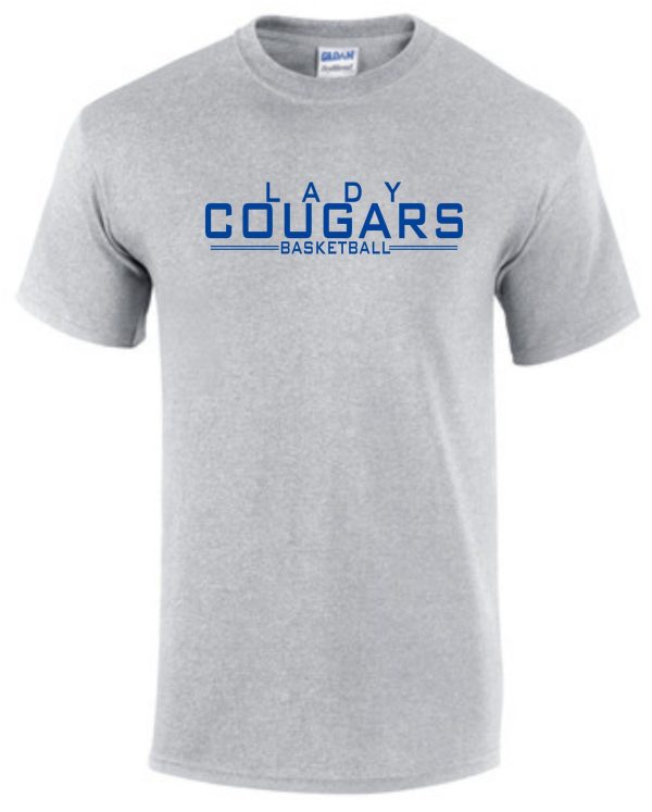 CEC Girls Basketball letters Sport Gray G8000 t-shirt with "lady cougars basketball" printed in blue across the chest.