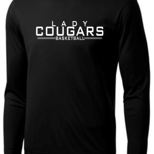 CEC Girls Basketball Letters Black moisture wick ST350LS with "lady cougars basketball" printed in white text on the front.