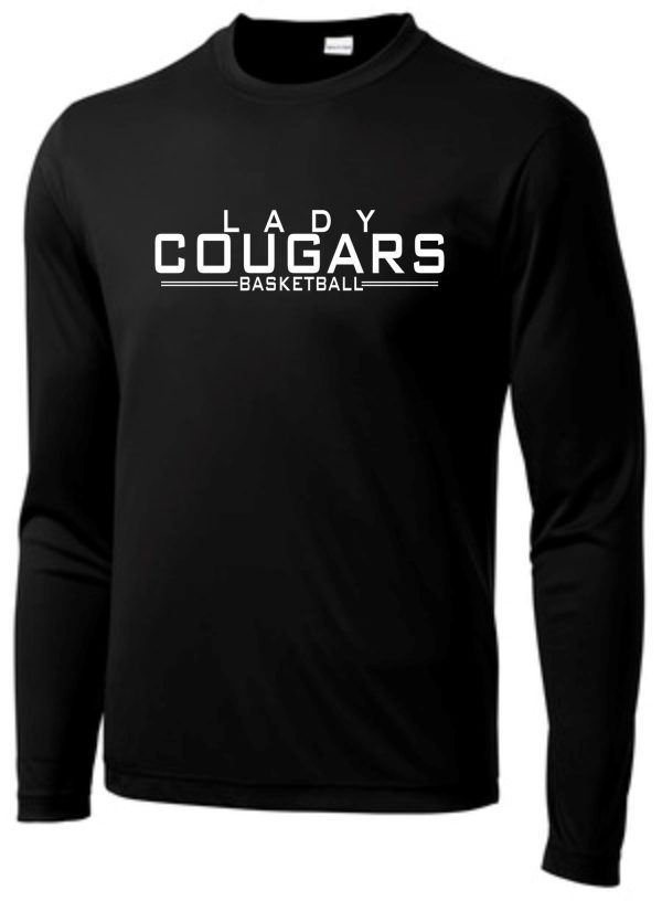 CEC Girls Basketball Letters Black moisture wick ST350LS with "lady cougars basketball" printed in white text on the front.