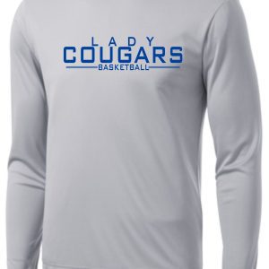 CEC Girls Basketball Letters Gray moisture wick ST350LS sports shirt with "lady cougars basketball" printed in blue across the chest.