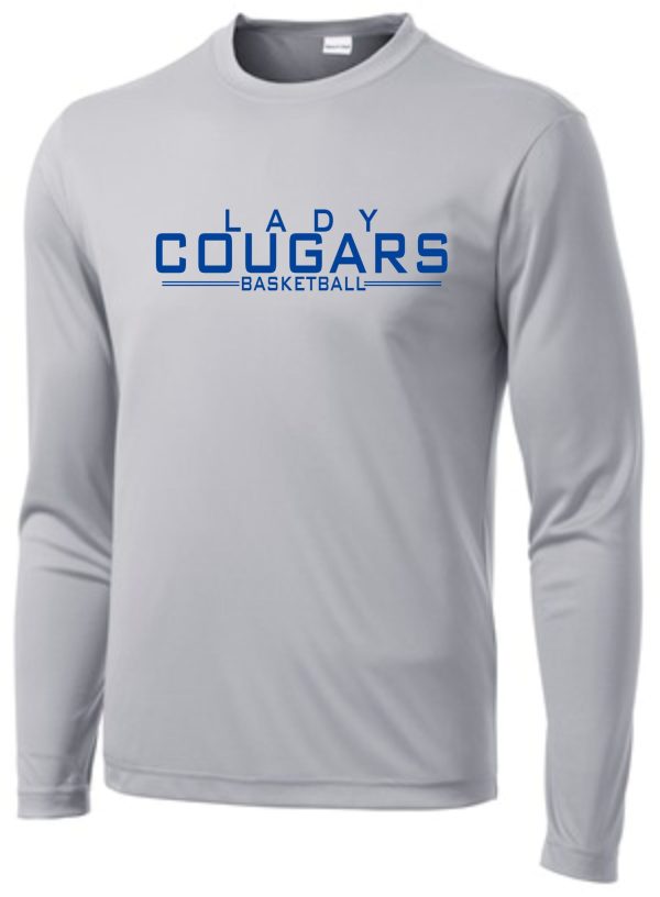 CEC Girls Basketball Letters Gray moisture wick ST350LS sports shirt with "lady cougars basketball" printed in blue across the chest.