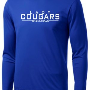 Long-sleeve blue CEC Girls Basketball Letters Royal moisture wick ST350LS jersey displayed on a plain background.