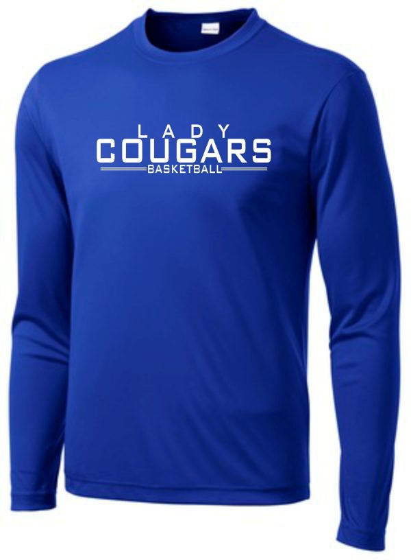 Long-sleeve blue CEC Girls Basketball Letters Royal moisture wick ST350LS jersey displayed on a plain background.