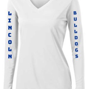 White Lincoln XC long sleeve moisture wicking V Neck Womens LST353LS shirt with the word "lincoln" in blue on the left sleeve and "bulldogs" on the right sleeve.