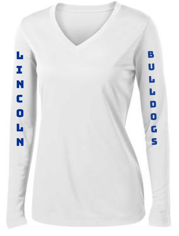 White Lincoln XC long sleeve moisture wicking V Neck Womens LST353LS shirt with the word "lincoln" in blue on the left sleeve and "bulldogs" on the right sleeve.