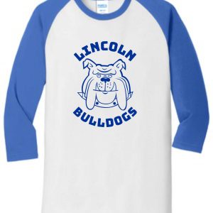 Blue and white Lincoln XC 3/4 Raglan sleeve ADULT T shirt featuring "lincoln bulldogs" text and a graphic of a bulldog's face on the front.