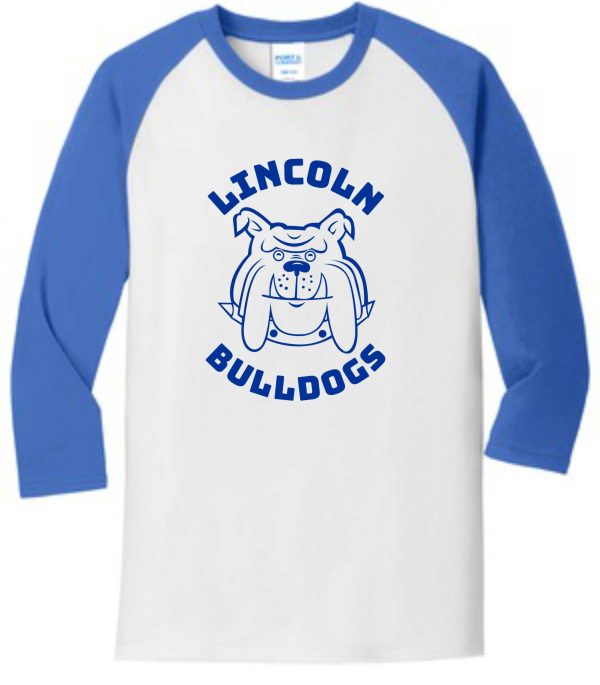 Blue and white Lincoln XC 3/4 Raglan sleeve ADULT T shirt featuring "lincoln bulldogs" text and a graphic of a bulldog's face on the front.