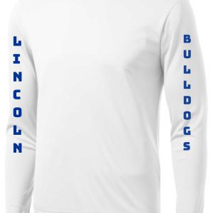 White Lincoln XC long sleeve moisture wicking shirt ST350LS with "lincoln bulldogs" printed in blue down the sleeves.