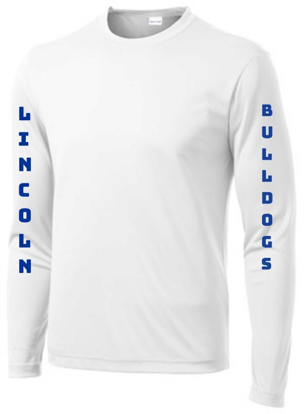 White Lincoln XC long sleeve moisture wicking shirt ST350LS with "lincoln bulldogs" printed in blue down the sleeves.