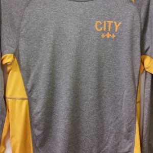 Grey long-sleeve shirt with yellow accents and "CITY" logo.