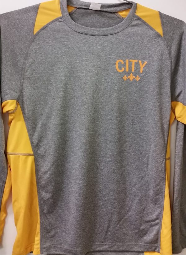 Grey long-sleeve shirt with yellow accents and "CITY" logo.