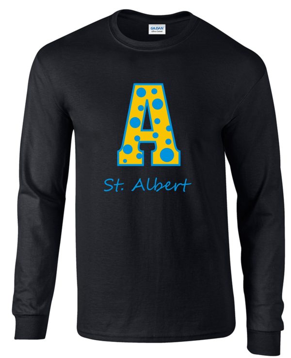 Black long-sleeve shirt with blue "A" and "St. Albert"