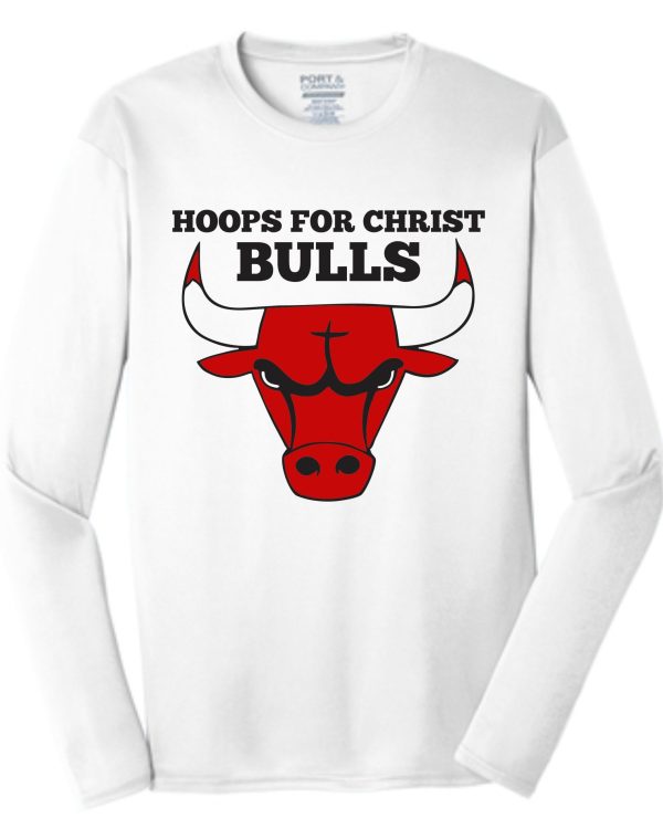 Hoops For Christ Basketball Bulls Long Sleeve wicking T-shirt PC380LS with "hoops for christ bulls" text and a red bull's head graphic on the front.