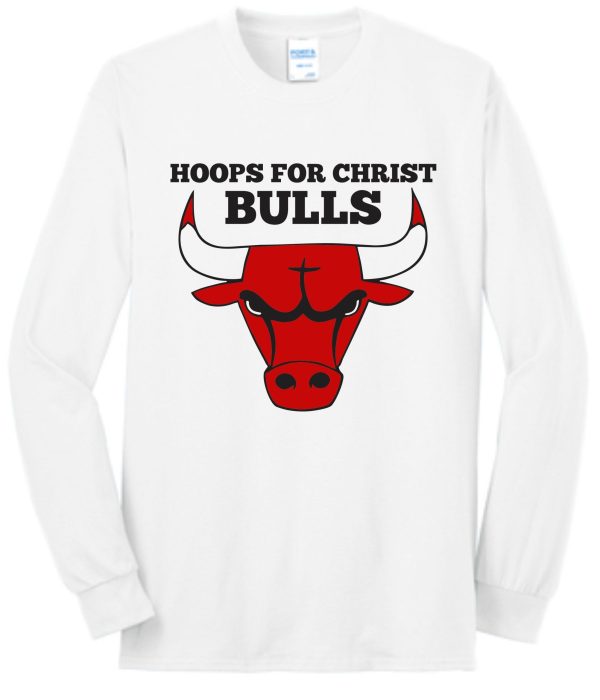 Hoops For Christ Basketball Bulls Long Sleeve T shirt PC55LS with "hoops for christ bulls" text and a graphic of a red bull's head on the chest.