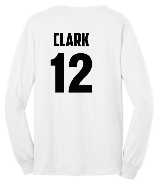 White Hoops For Christ Basketball Bulls long-sleeve shirt with "clark 12" printed in black on the back.