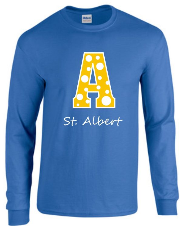 Blue long-sleeved shirt with white 'A' and St. Albert.