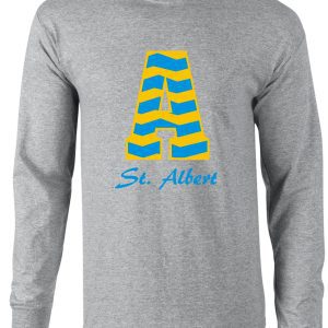 Gray long-sleeve shirt with blue and yellow "A" and "St. Albert" text.