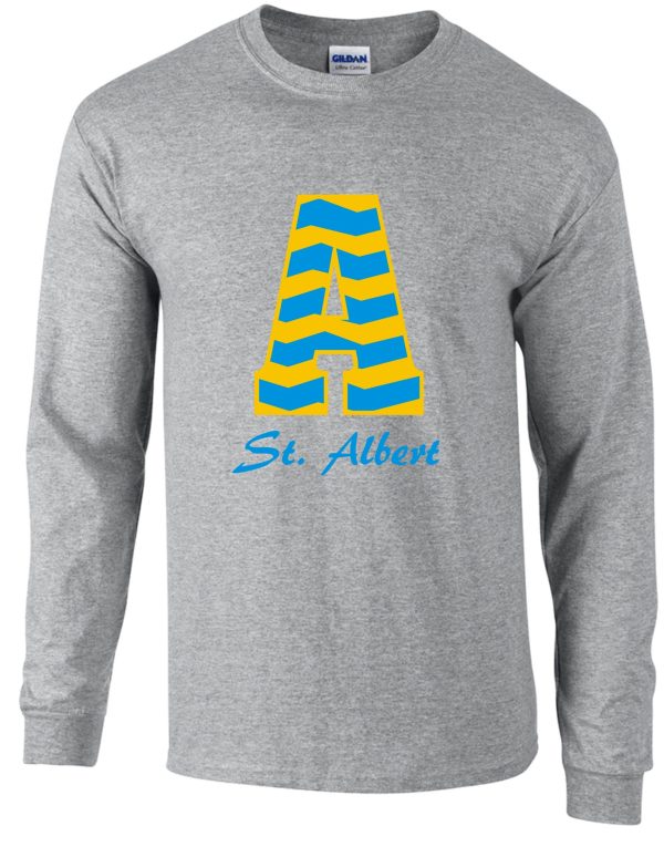 Gray long-sleeve shirt with blue and yellow "A" and "St. Albert" text.