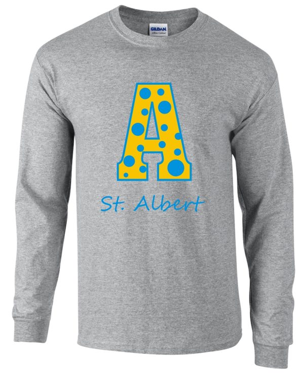 Grey long-sleeve shirt with a yellow letter A.