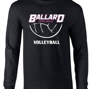 Ballard Volleyball spirit Bruins Long Sleeve T shirt  G2400 with "ballard bruins volleyball" text and a stylized volleyball graphic in white and pink.