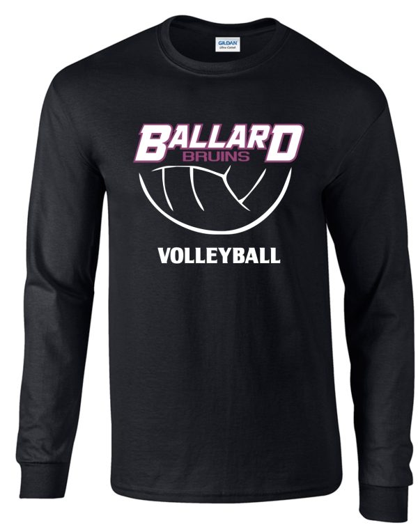 Ballard Volleyball spirit Bruins Long Sleeve T shirt  G2400 with "ballard bruins volleyball" text and a stylized volleyball graphic in white and pink.