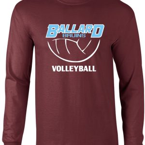 Ballard Volleyball spirit Long Sleeve T shirt G2400 with "ballard bruins volleyball" logo in blue and white on the chest.