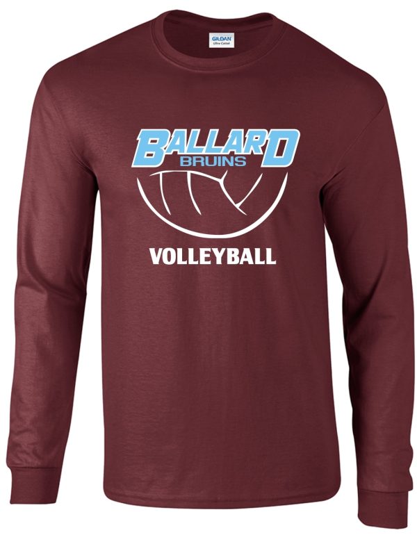 Ballard Volleyball spirit Long Sleeve T shirt G2400 with "ballard bruins volleyball" logo in blue and white on the chest.