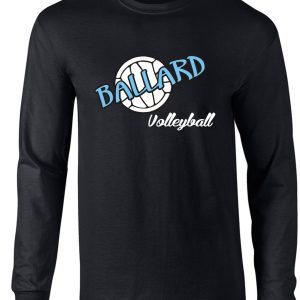 A Ballard Volleyball spirit Long Sleeve T shirt G2400 with a logo reading "ballard volleyball" and an illustration of a volleyball on the chest.