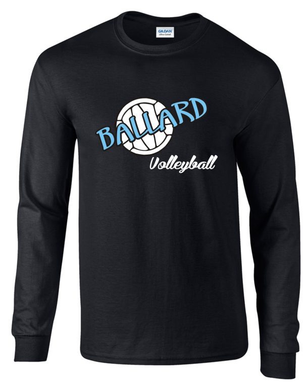 A Ballard Volleyball spirit Long Sleeve T shirt G2400 with a logo reading "ballard volleyball" and an illustration of a volleyball on the chest.