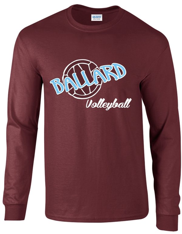 Ballard Volleyball spirit Long Sleeve T shirt with ball AppMethodBeatG2400 features a volleyball and text in a circular design.