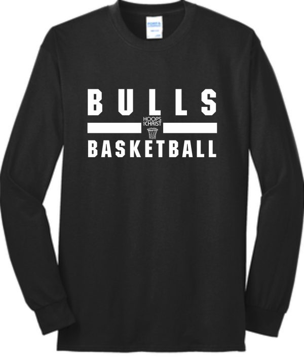 Hoops For Christ Basketball words Long Sleeve T shirt PC55LS with "bulls basketball" printed in white bold letters on the front.