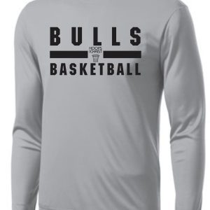 Gray long-sleeve t-shirt with "Hoops For Christ Basketball words" printed in bold letters on the front, featuring a basketball and hoop graphic.