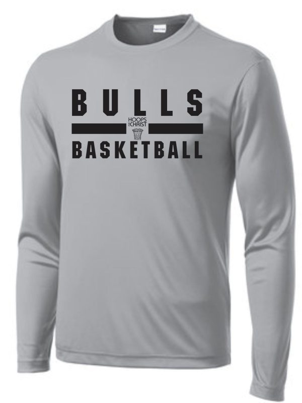 Gray long-sleeve t-shirt with "Hoops For Christ Basketball words" printed in bold letters on the front, featuring a basketball and hoop graphic.