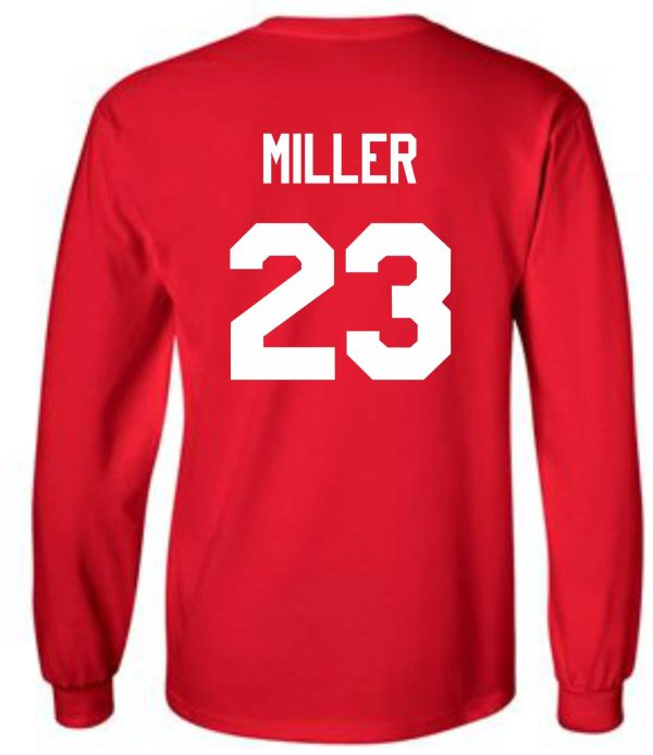 2021 OCYFL Bandits Crewneck Red sweatshirt G180 with the name "miller" and number "23" printed in white on the back.