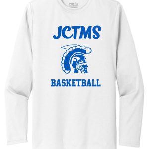 JCTMS Centurions white long sleeve shooters shirt TT11L with blue "jctms basketball" text and a logo featuring a stylized spartan helmet.