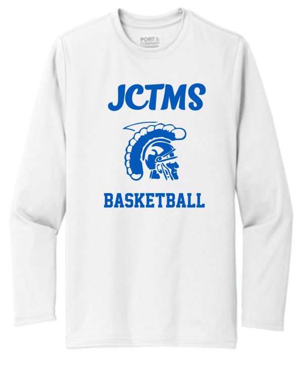 JCTMS Centurions white long sleeve shooters shirt TT11L with blue "jctms basketball" text and a logo featuring a stylized spartan helmet.