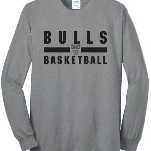 Hoops For Christ Basketball words Long Sleeve T shirt PC55LS with the word "bulls" in bold black letters above "basketball" in a smaller font, indicating a sports team theme.