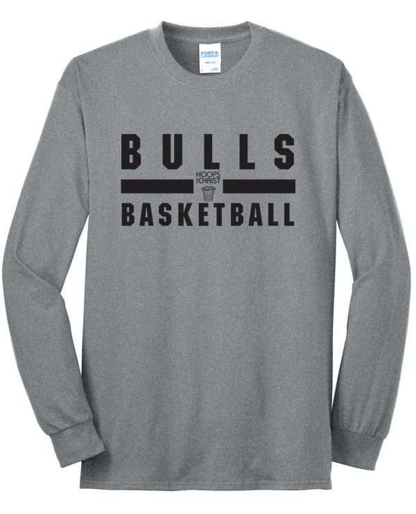 Hoops For Christ Basketball words Long Sleeve T shirt PC55LS with the word "bulls" in bold black letters above "basketball" in a smaller font, indicating a sports team theme.