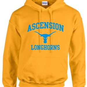 Yellow Ascension Spirit Longhorn hooded sweatshirt with "ascension longhorns" text and a graphic of a longhorn in blue.